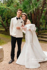 Gorgeous Satin Mermaid Off Shoulder Chapel Train Wedding Dresses